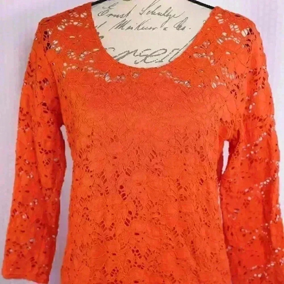 Women's Size L Peck & Peck Weekend Orange floral eyelet 3/4 sleeve top Vintage - Picture 2 of 11